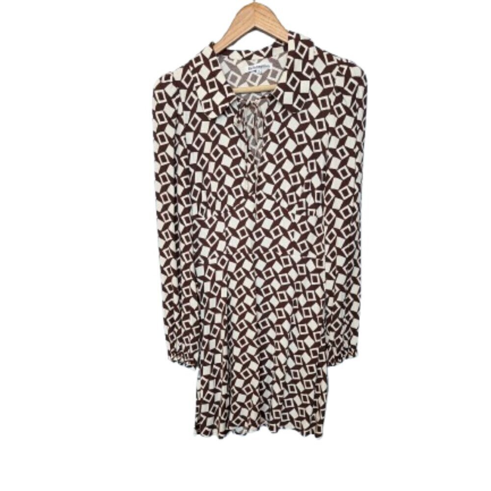 Reformation Will Mini Dress | Brown & Cream Geometric | 60s Style